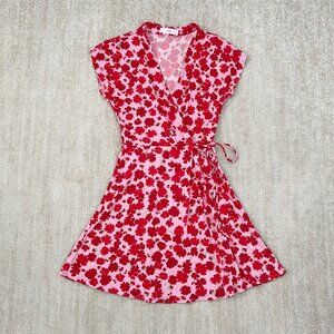 MNG Mango Floral Summer Faux Wrap Mini Dress 2 Short Sleeve Pink Red